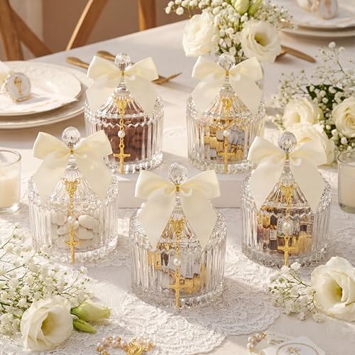 Chuangdi 12 Sets 48 Pcs Baptism Favors for Guests Crystal Candy Bowl Gifts with 12 Pcs Cross Rosary for Baptism Decorations Wedding Baby Shower Supplies First Communion Party(White) - Image 3