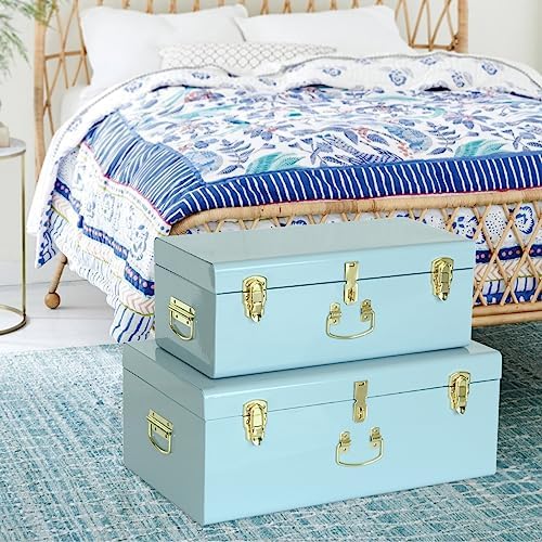 Vixdonos Metal Trunk Decorative Storage Box Set of 2 College Dorm Chest with Handle (Light Blue) - Image 7