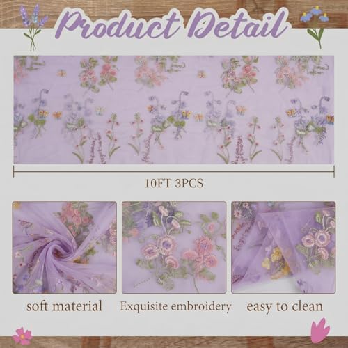 Purple Floral Table Runner 10ft Embroidery Tulle Spring Wildflower Gauze Table Runner Seasonal Summer Butterfly Kitchen Dining Decoration for Wedding Baby Shower Birthday Party (3 Pcs) - Image 2
