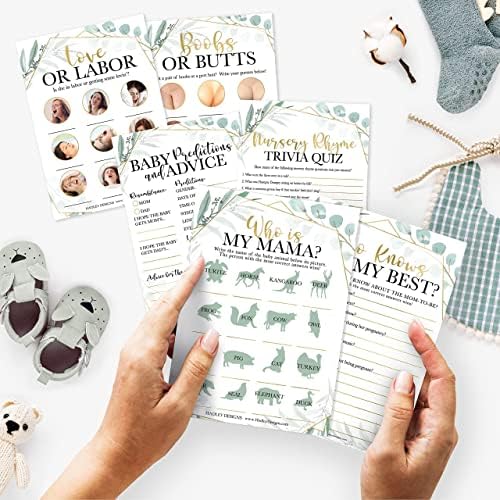 Hadley Designs 50 Greenery Who Knows Mommy Best, Baby Prediction and Advice Cards etc., 25 Love or Labor, Boobs Or Baby Butts Gender Reveal-6 Double Sided Cards Baby Shower Funny Games - Image 2