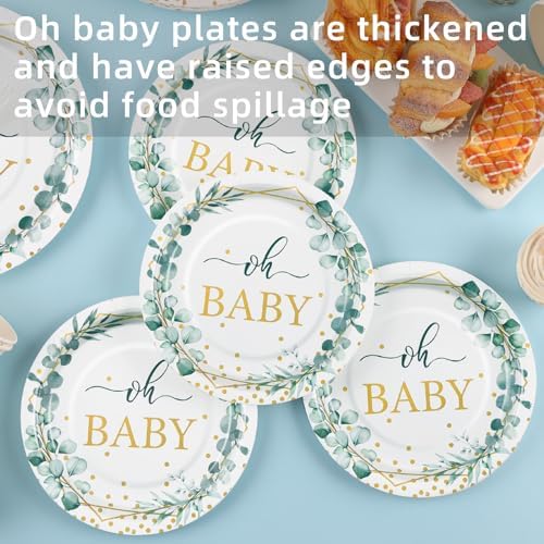 350 Pcs Sage Green Baby Shower Decorations, Baby Shower Plates and Cups and Napkins Sets Serves 50, Oh Baby Plates with Gold Dots for Boho Baby Girl Boy Neutral - Image 3