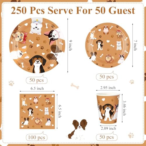 Ziliny 250 Pcs Dog Party Decorations Pet Paw Print Paper Plates Napkins and Cups Brown Puppy Theme Tableware for Doggy Birthday Baby Shower Party Serve 50 Guests - Image 3