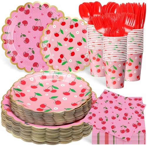 Funnymoom 400 Pcs Cherry Party Supplies for 50 Guest Cute Fruit Birthday Disposable Plates Napkin Cup Spoon Fork Knives for Summer Picnic Wedding Birthday Baby Shower Bridal Party Supplies by Funnymoom