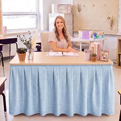 Tingjoo Pastel Blue 9 ft X 30'' Teacher Desk Skirts Linen Textured - Image 2