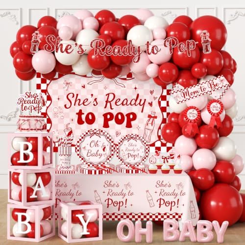 Shes Ready to Pop Baby Shower Decorations, All-in-1 Retro Soda Pop Baby Shower Decorations with Balloon Arch Baby Boxes Plates Napkins Cake Toppers Tablecloth Backdrop Banner for Gender Reveal Party by Juweked