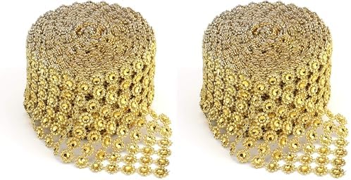 Foraineam 10 Yards / 30 Feet Golden Diamond Ribbon Wrap Faux Rhinestone Crystal Ribbon Flower Shape Mesh Wrap Roll for Event Party Wedding Decoration (Pack of 2) by Foraineam