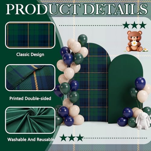 Chumia 2 Pcs Tartan Arch Backdrop Cover with 90 Pcs Balloon Green and Blue - Image 4