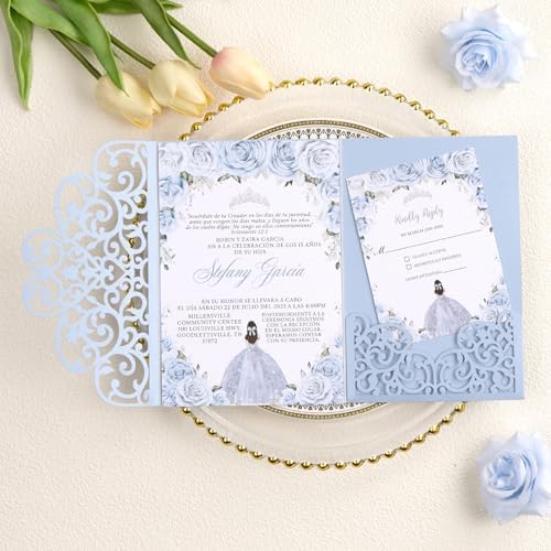 50 PCS Laser Cut Wedding Invitations Haze Blue Tri-Fold Personalized Invite by HomeKitchen
