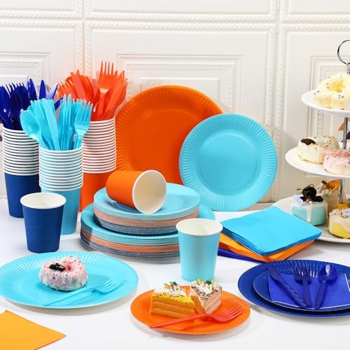 Ziliny 420 Pcs Orange Blue Plates Cups Napkins Sky Blue, Orange - Image 6