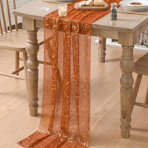 Artoid Mode 6PCS Caramel Gauze Gold Table Runner 120 Inch 10FT, Glitter Metallic Foil Sheer Dining Wedding Anniversary Holiday Table Decor for Home Party - Image 6