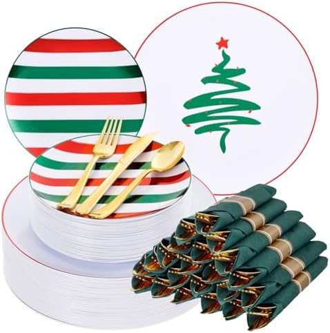 WONDERFUL 180Pcs Easy Prep Christmas Plastic Plates For Dinner Tree Design by WWONDERFUL