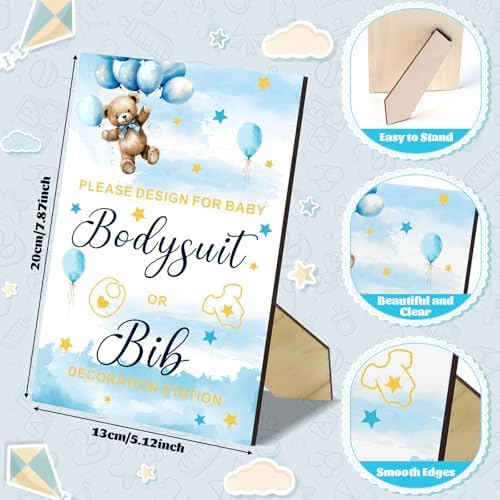201 Pcs Baby Shower Set Baby Shower Game Sign Baby Bib Bodysuit White Baby Bib Newborn Bodysuit Baby Shower White Decorating Kit(New Blue Bear) - Image 3