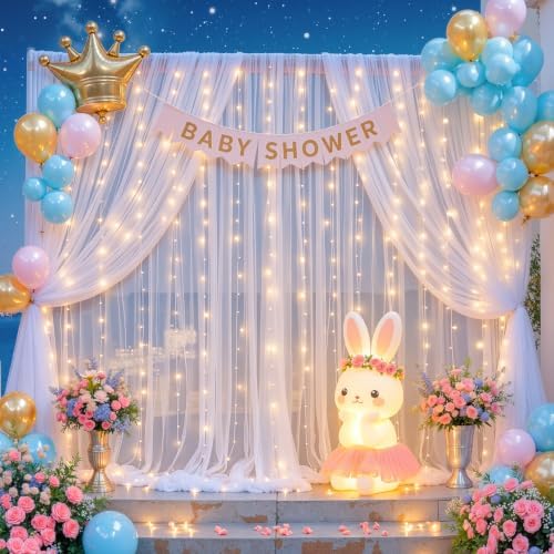 20ft x 15ft White Tulle Backdrop Curtain with Lights String for Parties Wedding Bridal Shower Sheer White Curtain Backdrop for Birthday Party Baby Shower Photo Booth Decorations - Image 2