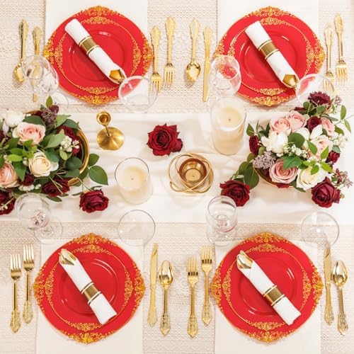 Nervure 175Pcs Red Plastic Plates, Disposable Party Plates for 25 Guests - Image 4