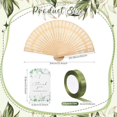 50 Sets Wooden Wedding Fans Sandalwood Handheld Folding Fans with Ribbon Thank You Tag for Wedding Guests Baby Shower Birthday Bridal Gifts Party Favors (Green,Leaf) - Image 2