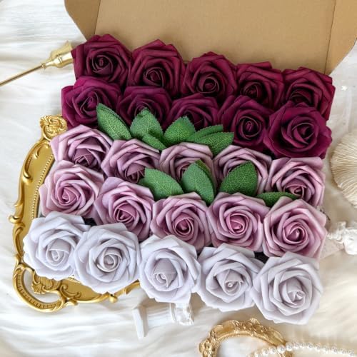 50pcs Burgundy Maroon Foam Fake Roses with Stems Dark Red Mauve Artificial Flowers Real Looking for Wedding Bouquets Bridal Shower Centerpieces Floral Arrangements Party Tables Home Decor Bulk - Image 2