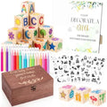 115 Pcs Baby Shower Decorate a Block Game Kit 90 Wooden Baby Blocks 1.38" X 1.38" with 25 Pages/500 Pcs Stencils 36 Colorful Markers Keepsake Storage Box for Game Sign Wedding Party Decoration by Unknown