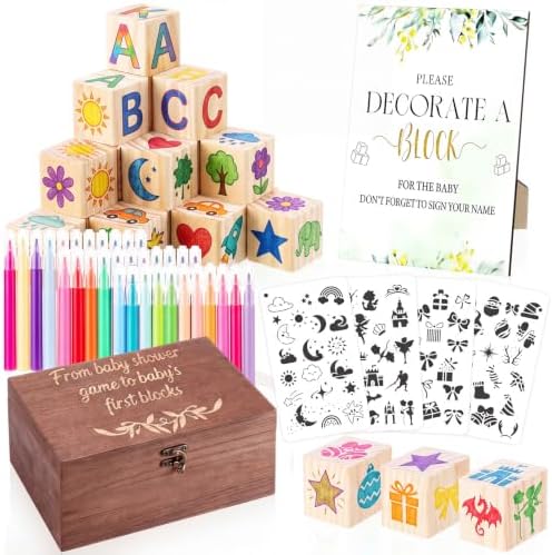 115 Pcs Baby Shower Decorate a Block Game Kit 90 Wooden Baby Blocks 1.38" X 1.38" with 25 Pages/500 Pcs Stencils 36 Colorful Markers Keepsake Storage Box for Game Sign Wedding Party Decoration by Unknown