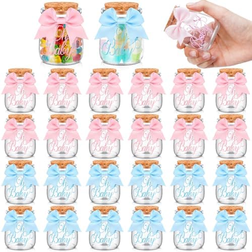 Funnymoom 24 Sets Baby Shower Bottles Favors for Guests Glass 100 ml Milk Jar with Ribbons and Stickers Decorations for Gender Reveal Newborn Centerpiece Party Favor(Pink Blue,Baby) by Funnymoom