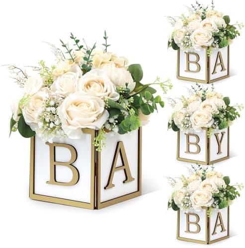 4 Set Baby Shower Centerpieces for Tables - 6 inch Wooden Boxes with Baby Letters Rustic Cube Planter Wood Blocks for Gender Reveal Party Favor (Gold) by ACMEE