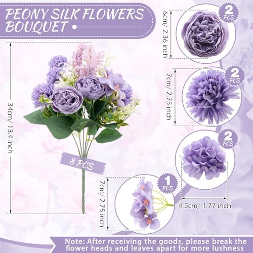 Zeyune 8 Pcs 13.4 Inch Artificial Flowers Bouquet,Peony,Purple - Image 2