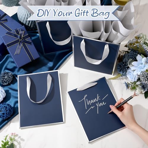 Yeaqee 50 Pcs Metallic Paepr Gift Bags Bulk with Handles,Navy Blue, Silver - Image 4