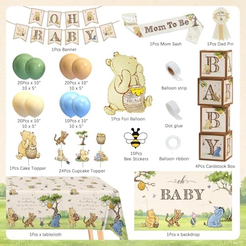 Classic Winnie Bear Baby Shower Decorations, Neutral All-In-One Pooh Baby Shower Balloon Arch Baby Boxes Backdrop Banner Tablecloth Cake Cupcake Topper Bee Stickers Mom To Be Sash Kit for Boys Girls - Image 2