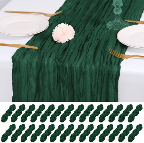28 Pack Emerald Green Cheesecloth Table Runner 17x108 Inch Semi Sheer Boho Gauze Cheese Cloth Fabric Table Runners, for Wedding Party Baby Shower Birthday Home Decor Garden Farmhouse by Unknown