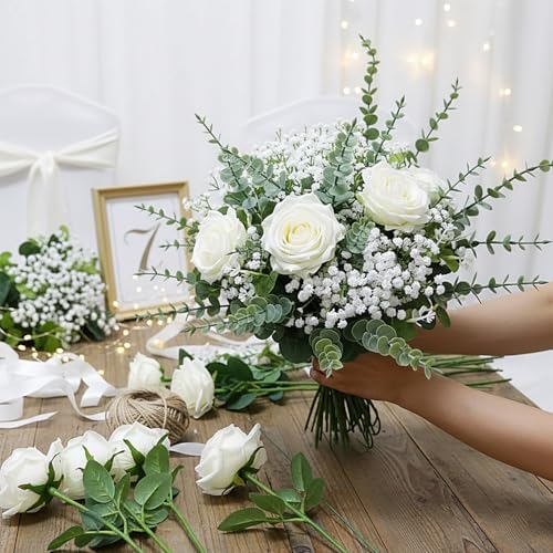 HUAHUA Mixed Artificial Eucalyptus Leaves Stems Bulk,Fake Greenery Plants Faux Silver Dollar Eucalyptus Leaves for DIY Bouquets Centerpiece Floral Arrangement Home Wedding Decor (120, Green/White) - Image 2