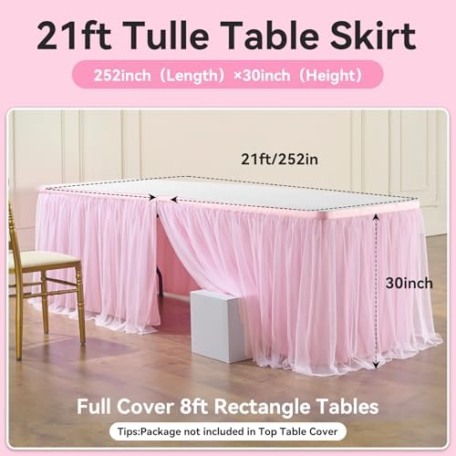 252in Baby Pink Tulle Table Skirts for Rectangle Tables 8ft, 2-Layer 21 ft Long Gold Grim Princess Pink Ruffle Tulle Tutu Table Skirt Cloth for Girl Birthday Baby Cake Dessert(No Table Cover) - Image 5