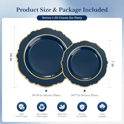 realluck 200Pcs Blue and Gold Plastic Plates Navy Blue Plates Reusable - Image 7