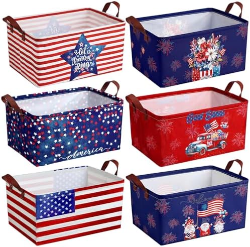 CHENGU 6 Pack 4th of July Storage Baskets Collapsible Patriotic Bins for Gifts 250th Independence Day Red Blue White Large Gnomes Basket Foldable American Flag Box with Handle for Party Bedroom Home by CHENGU