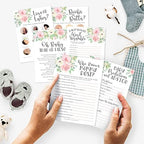 Hadley Designs 25 Floral Love or Labor, Boobs Or Baby Butts Game, 25 Who Knows Mommy Best, Baby Prediction and Advice Cards, 25 True Or False, Word Scramble-6 Double Sided Cards for Baby Shower - Image 2