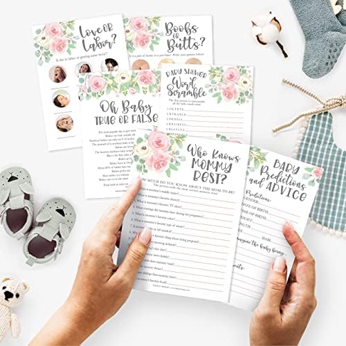 Hadley Designs 25 Floral Love or Labor, Boobs Or Baby Butts Game, 25 Who Knows Mommy Best, Baby Prediction and Advice Cards, 25 True Or False, Word Scramble-6 Double Sided Cards for Baby Shower - Image 2