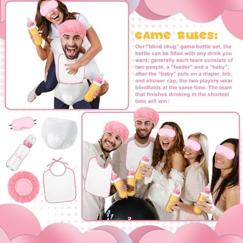 6 Sets Bottle Chug Baby Shower Blind Games Juegos Para Include Plastic Bottles Bibs Hat Eye Mask Disposable Diapers Blindfolded Baby Shower Bottle Games Gender Reveal Decoration (Pink) - Image 4