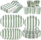 Mimorou 175 Pcs Sage Green and White Striped Party Tableware for 25 by Mimorou