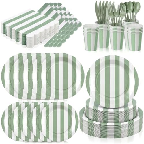 Mimorou 175 Pcs Sage Green and White Striped Party Tableware for 25 by Mimorou