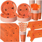 Funnymoom 452 Pcs Halloween Spiderweb Supplies Tableware for 50 Guests, Orange Spider Web Paper Plates Napkins Cups Tablecloth Cutlery Straws for Spiderweb Halloween Birthday Party Decoration by Funnymoom