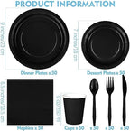 durony 350 Pieces Black Paper Dinnerware Set 7 Inch 9 Inch Disposable Dinner Plates Serve 50 Guests Paper Cup Cutlery Napkins Solid Color Party Supplies for Birthday Wedding Party Family Picnic - Image 2