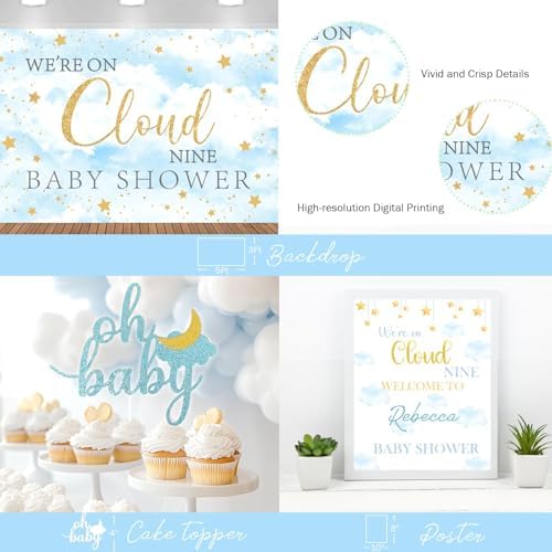 Cloud Baby Shower Decorations – 119 PCs on Cloud 9 Baby Shower Party Supplies with Backdrop, Balloon Garland, Tablecloth, Balloon Boxes, Cake Topper, Boxes, Sash, Badges, Poster - Image 4