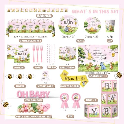 Bear Baby Shower Decorations, Pink Baby Shower Decorations with Oh Baby Backdrop Banner Plates Napkins Bear Tablecloth Balloon Arch Box for 1st Boy Girl Birthday Party - Image 3