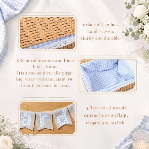 Gerrii Wedding Party Decoration 12 x 9.4 x 5.3 in Large Wicker Storage Basket with Lid Wedding Card Box and Card Banner Set Money Envelope Box Gift for Baby Shower Favor Supplies(Blue Plaid) - Image 5