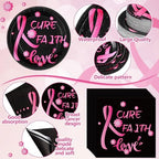 Funnymoom 452 Pcs Breast Cancer Awareness Decoration Black Pink Cure Faith Love Paper Plates Napkins Cups Tablecloth Cutlery Straws for Breast Cancer Awareness Month Women Charity Activities Supplies - Image 3
