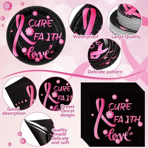 Funnymoom 452 Pcs Breast Cancer Awareness Decoration Black Pink Cure Faith Love Paper Plates Napkins Cups Tablecloth Cutlery Straws for Breast Cancer Awareness Month Women Charity Activities Supplies - Image 3