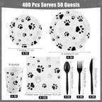 Kochorie 400 Pieces Black Paw Disposable Party Tableware Sets Dog Puppy Supplies Including Plates Cups Napkins Cutlery Serves 50 for Birthday Puppy Theme Party Decorations - Image 2