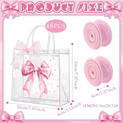 Wesnoy 48 Pcs Pink Big Bow Clear PVC Gift Bags with Handle Ribbon for Party - Image 2