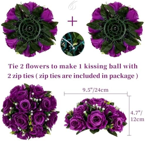 BLOSMON Flower Balls Wedding Rose Centerpieces 6 Pcs Purple Fake Flowers with Base Kissing Balls Decor Artificial Floral Arrangements Flower Bouquet of Roses Home Party Table DIY Decorations - Image 4