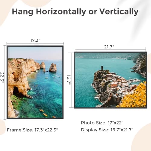 FLYJOE 17x22 Metal Picture Frame - Black Aluminum Picture Frames with Real Glass, Wall Mounting Horizontally or Vertically, Diploma, Certificates and Decor for Wall Gallery 22x17 Frame, Black - Image 4