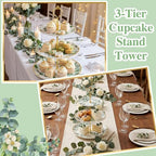 Lallisa 3 Tier Greenery Dessert Stand 10", 9" and 7" Ceramic Sage Green Eucalyptus Tiered Serving Tray with Gold Rack, Round Cupcake Display Tower for Wedding Baby Bridal Shower Tea Party Decoration - Image 5