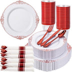 Nervure 175Pcs Red Plastic Plates, Red Plastic Dinnerware Set for 25 Guests by Nervure